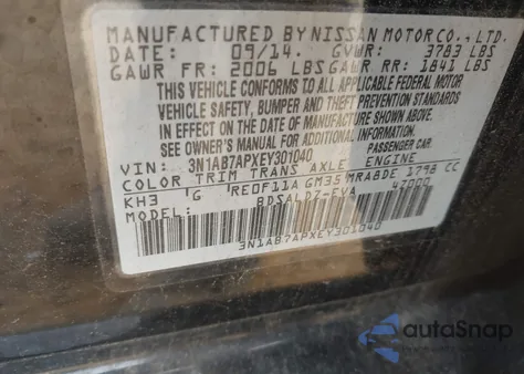 2014 Nissan Sentra Sv z USA, uszkodzony, nr VIN 3N1AB7APXEY301040